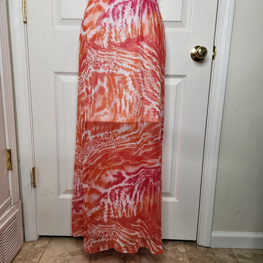 Calvin Klein Maxi Sleeveless Dress Orange Pink Tie Dye Print Size 4 - Picture 2 of 9